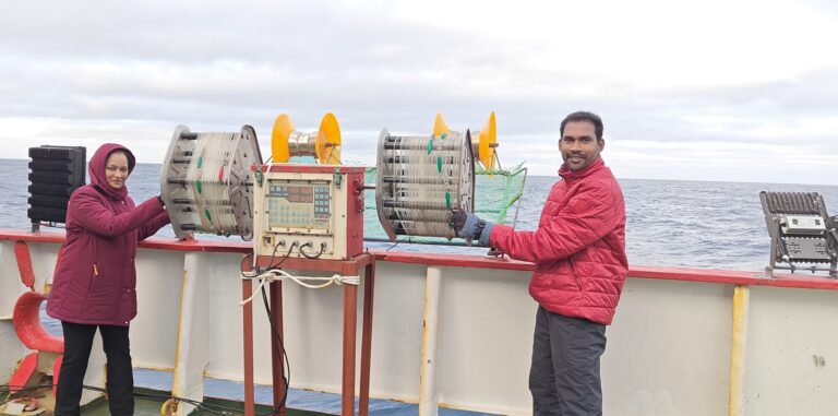 Dr Geetha Sasikumar and Dr K Sajikumar on board research vessel during their sampling in Antarctic region